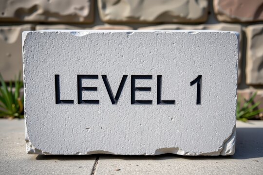 White brick with "LEVEL 1" stamped in bold black letters