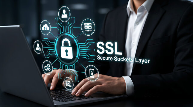 Businessman working on laptop with SSL Secure Sockets Layer digital security interface