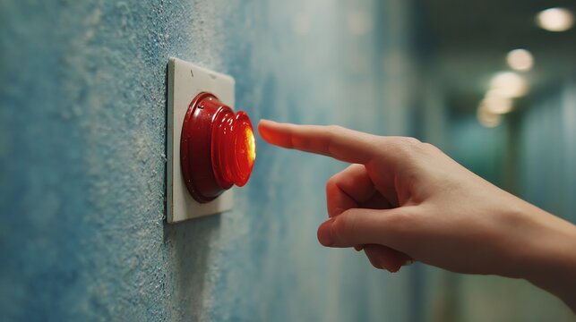 Finger pressing a red glowing emergency button on a blue textured wall.
