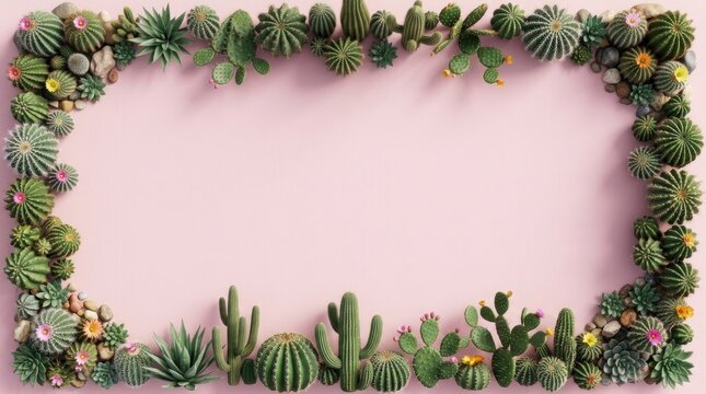 realistic three dimensional cactus border frame on soft pink background