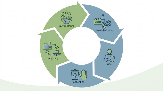 Circular Economy Diagram Showing the Sustainable Product Life Cycle from Raw Material Extraction and Manufacturing to Consumer Use, Collection, and Recycling
