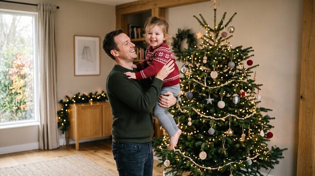 Father happily lifts his laughing child near a decorated Christmas tree