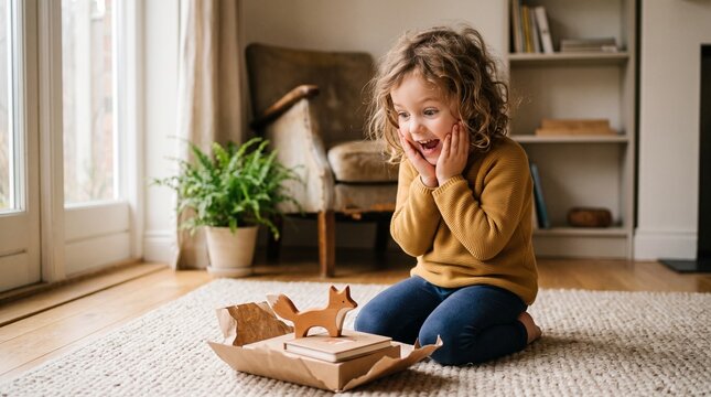 Little girl's face lights up with joy discovering a wooden fox toy in a gift box