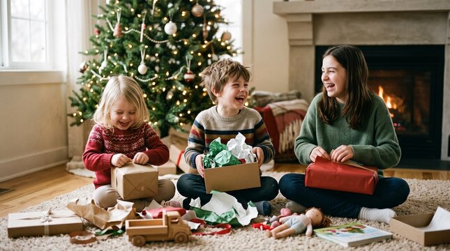 Three siblings excitedly opening Christmas presents by a decorated tree and fireplace