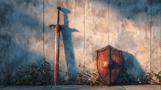 Rusty medieval sword and wooden shield leaning against a weathered concrete wall in dramatic sunlight