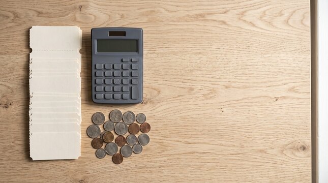 Flat lay of blank coupons, coins, and calculator on a wooden table