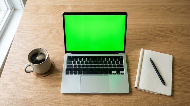 Overhead view of a laptop with a green screen, coffee, and notebook on a wooden desk