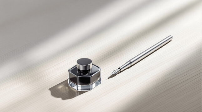 A silver fountain pen rests beside a glass inkwell on a clean white surface.