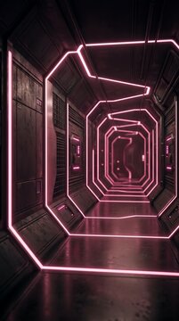 Futuristic sci-fi corridor with neon pink led lights and metal walls, evoking a sense of mystery and advanced technology.