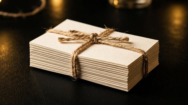 Stack of blank cards tied with rustic twine on a dark textured surface