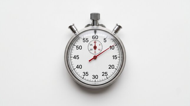Classic analog stopwatch with a white face and red hands on a plain background