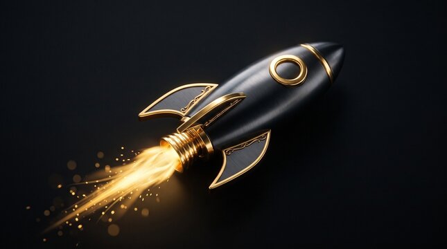 Sleek black and gold rocket launching with fiery exhaust and sparks