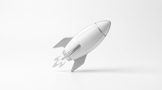 Sleek white rocket icon object launching upwards against a clean white background