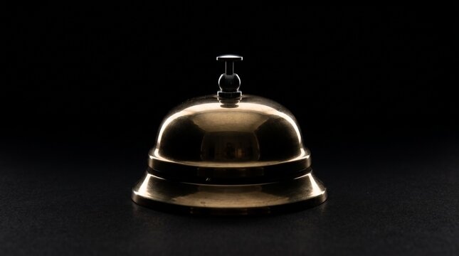 Polished brass service bell with a black background and dramatic lighting