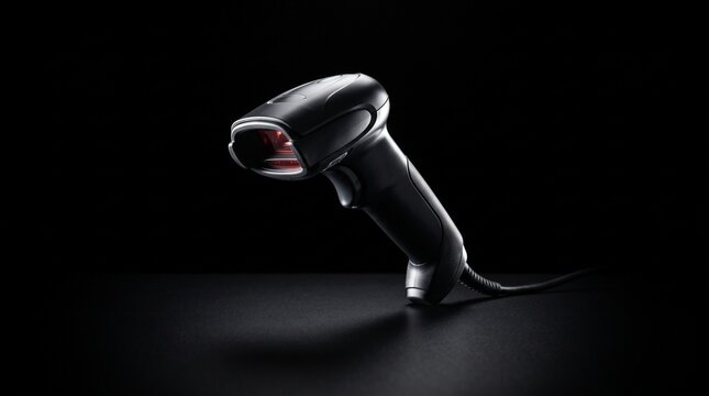 Modern handheld barcode scanner with red laser light on a dark background