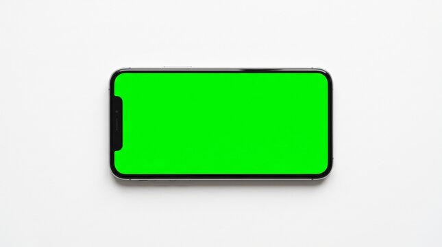 Modern smartphone with a vibrant green screen on a clean white background