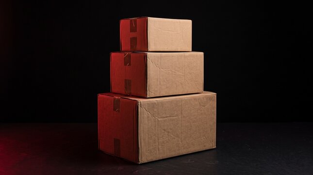 Stack of three cardboard delivery boxes on a dark surface with red lighting