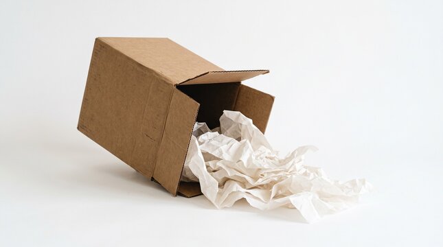 Cardboard delivery box tipped over spilling crumpled packing paper