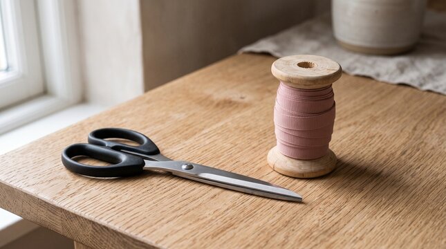 A pair of scissors and a spool of pink ribbon on a wooden table