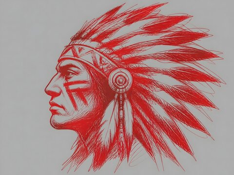 Abstract red scribble illustration of a tribal profile with a feathered headdress on a grey background