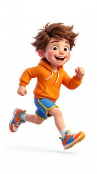 Happy cartoon boy running and smiling with arms raised. Energetic child character sprinting in joyful motion for animation or design projects.