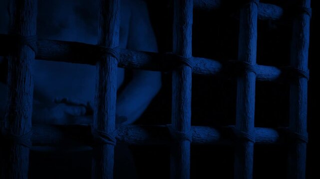 Man Holds Bars In Primitive Jail At Night