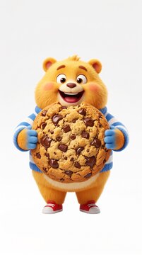 Cartoon bear holding giant chocolate chip cookie. Friendly 3D mascot character with baked treat for branding and promotions.