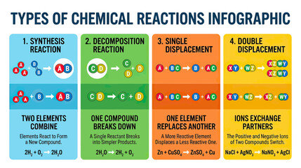 Fototapeta premium Types of Chemical Reactions Infographic Explained