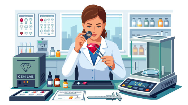 Gemologist Inspecting Ruby with Magnifier in Lab