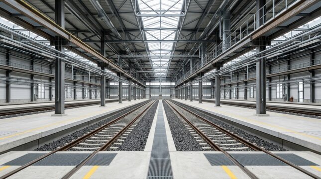 Industrial railway station interior with steel structure and rail tracks