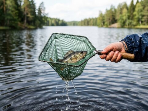 Angler holding freshly caught fish in net by serene lake with forested shores