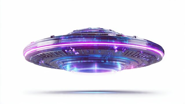 Futuristic neon ufo with vibrant lights in minimalist white space