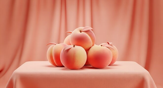 Modern 3D Illustration of Stacked Peaches on Rectangular Table with Pink Backdrop