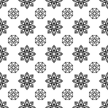 Geometric snowflake line art seamless pattern background, black and white crystal repeating tile
