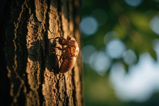 Empty cicada exoskeleton clings to textured tree bark during sunny day. Brown insect husk remains after molting process in forest habitat. Close up view shows fragile shell on rough wood surface.