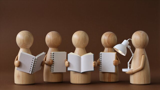 Wooden figures study together, one holds a lamp for group learning.