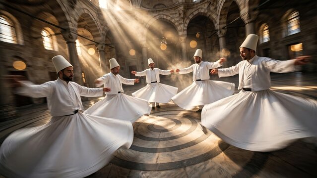 Group of whirling dervishes performing a traditional Sufi dance inside a beautiful historical mosque illuminated by dramatic sun rays