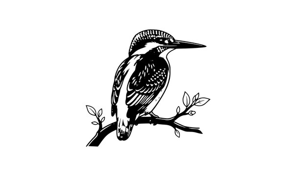 Kingfisher vector illustration black and white woodcut engraving kingfisher bird perched on branch isolated on white background