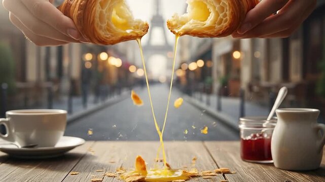 Parisian Breakfast Bliss - Croissant with Butter and Coffee.