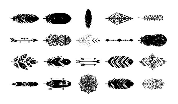 Tribal feather vector set with black ethnic arrows mandala rosette and aztec ornaments isolated on white background