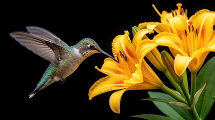 Obraz premium Tiny hummingbird hovers near bright yellow lilies seeking nectar. Bird wings blur in flight while its long beak probes flower blossom. Macro shot captures delicate nature scene against dark backdrop.