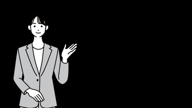 お辞儀をして話すビジネスウーマンのイラストアニメーション・プレゼンテーション動画・透過背景