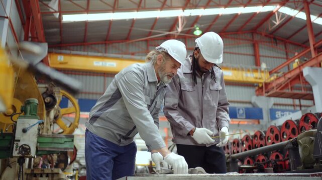 Two quality control engineers inspecting metal part in factory