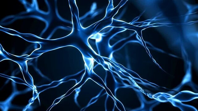 Illuminated neuron network with subtle filament extension and pulsing junction highlights in cool blue cyan palette, forming intricate glowing branches across dark scientific background