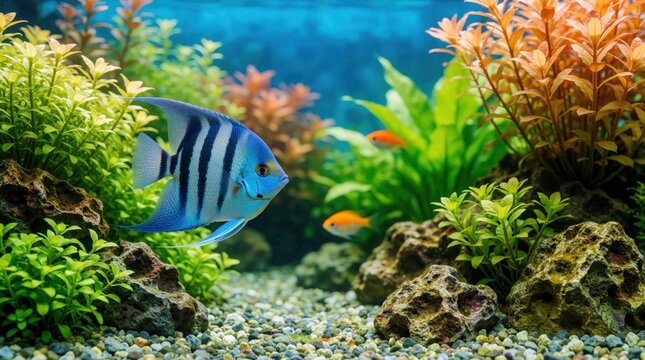 Blue angelfish swims in aquarium with green plants and small orange fish. Underwater scene shows pebble bottom and rocky elements in clear blue water.