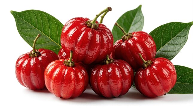 Heap of fresh red guarana fruits with green leaves on white background. Exotic berries known for energy boosting properties used in supplements and beverages.