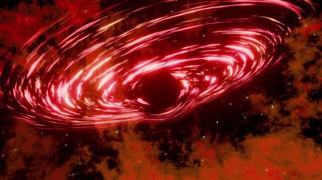 A giant black hole in the midst of the void. A glowing, bright red accretion disk is visible, swirling around a dense gravitational center.