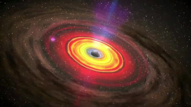 It features a brightly glowing accretion disk&mdash;radiating intense red, yellow, and orange hues&mdash;surrounded by swirling cosmic dust, gas, and thousands of stars set against a galactic background.