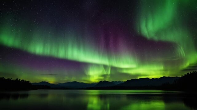 A spectacular natural scene featuring the aurora borealis (Northern Lights)&mdash;with green and purple hues&mdash;stretching magnificently across a starry night sky.