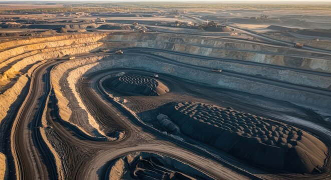 Expansive open-pit coal mining operation with deep layered excavations and heavy machinery visible on dusty earth.